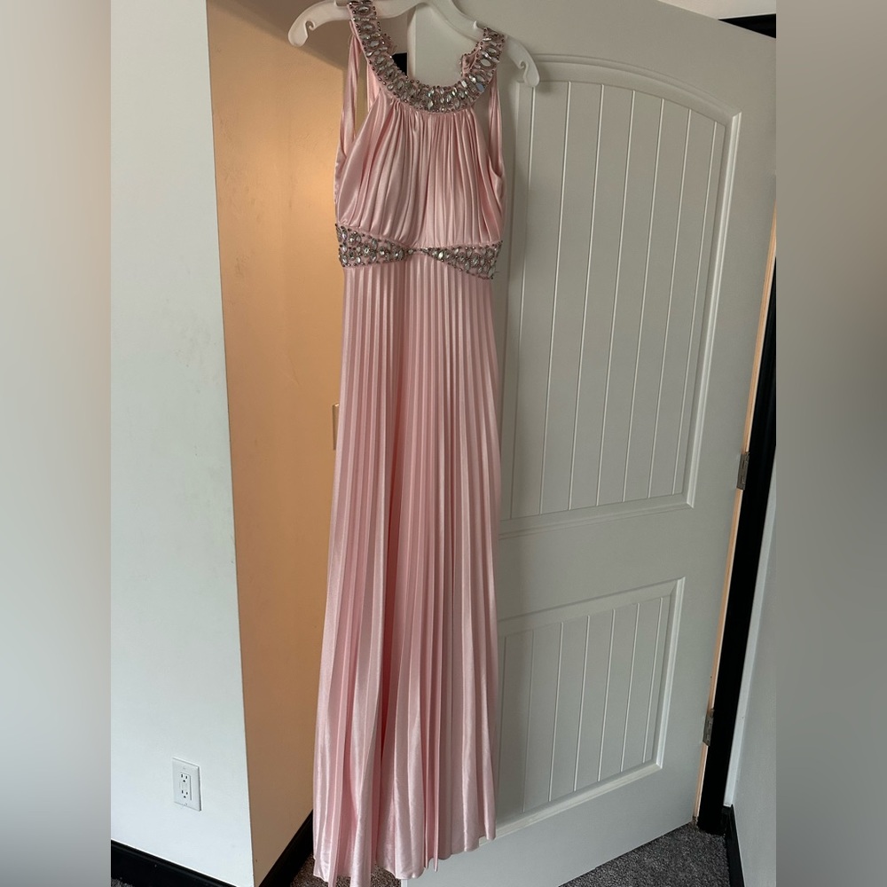 David's Bridal Light Pink Satin Evening Dress with Embellished Bodice